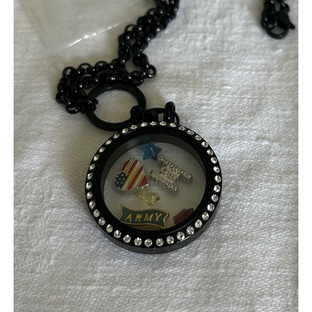 Origami Owl Locket Necklace Black Rhinestone Army Patriotic Charms